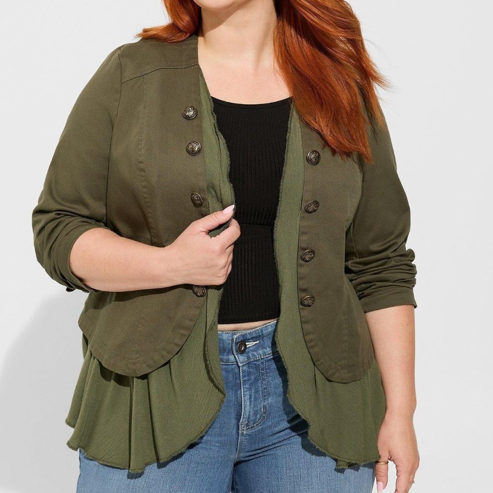 Torrid - Stretch Twill Peplum Military Jacket in Deep Depths Army Green
